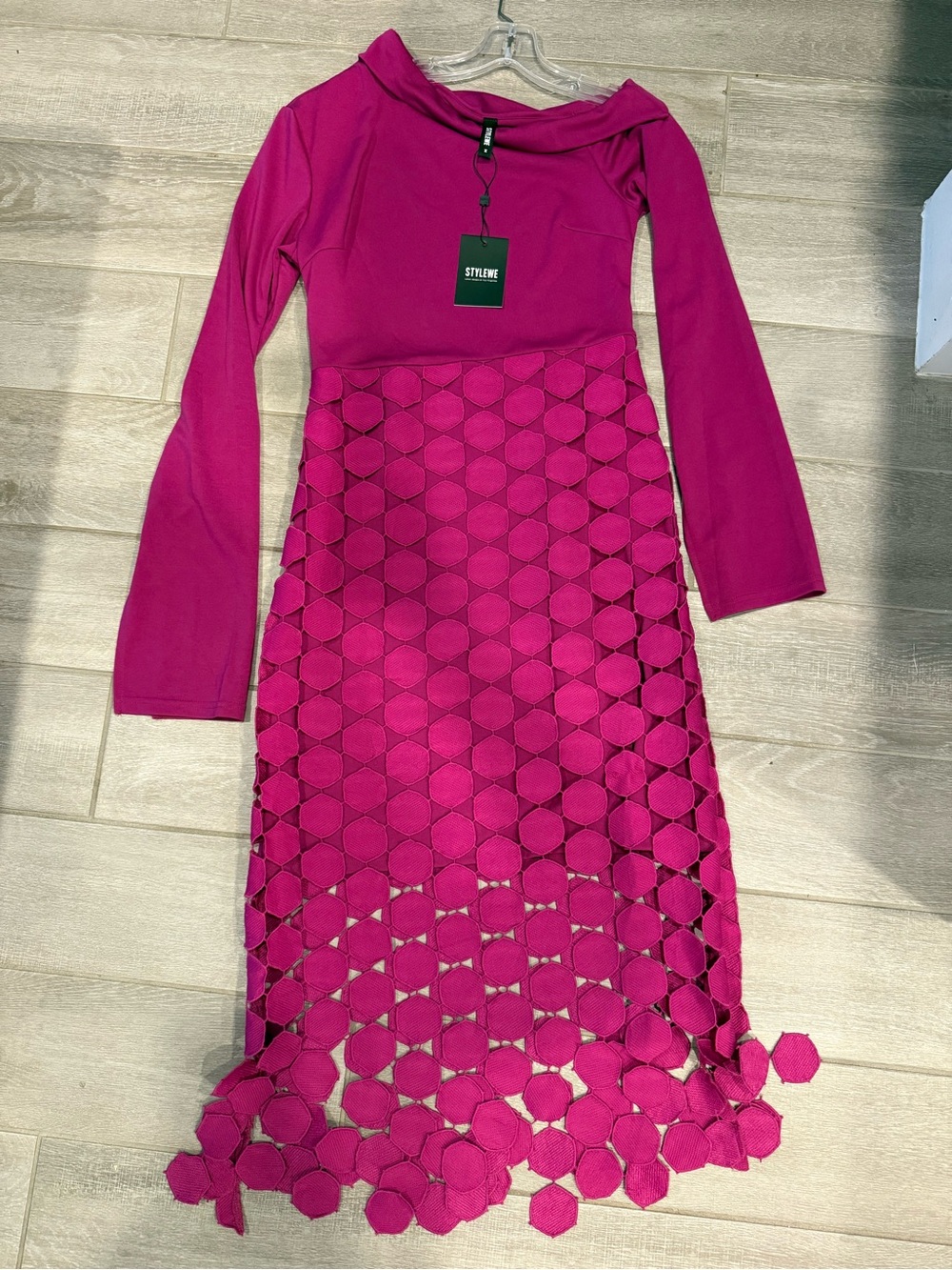 STYLEWE Fuchsia Long Sleeve Cutout Hem Midi Dress